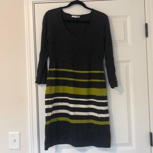 Dark grey, white, and green sweater dress